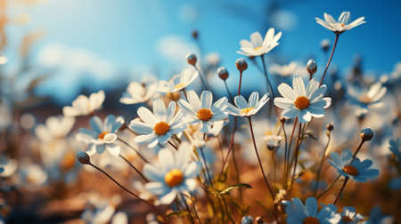 White daisies on blue sky background. Chamomile field.の素材