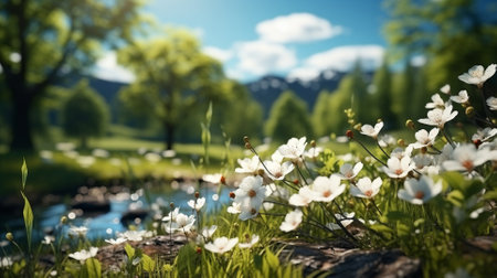 White spring flowers in the meadow on a background of green forestの素材