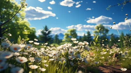 Spring meadow with white flowers on the background of mountains and blue skyの素材