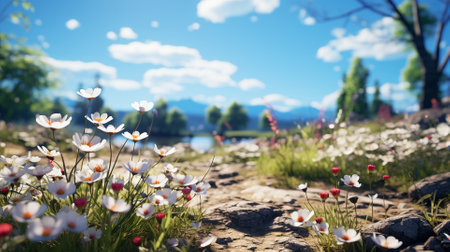 White flowers in the meadow on the background of mountains and blue skyの素材