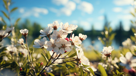 Beautiful blooming branch of cherry tree on blue sky background. Vintage toningの素材