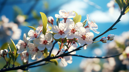 Branch of blossoming cherry tree with white flowers on blue sky backgroundの素材