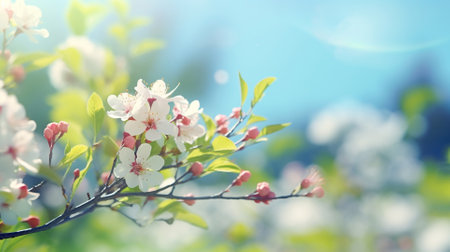 Spring background with blooming branch of cherry blossoms on sunny dayの素材