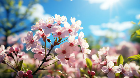 Beautiful cherry blossom in spring time on blue sky background.の素材