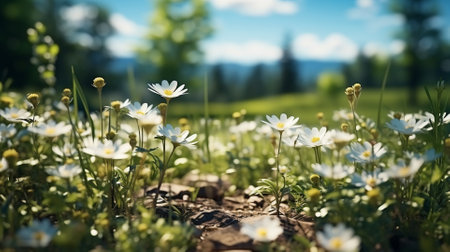 White spring flowers in the meadow. Beautiful nature scene with blooming flowers.の素材