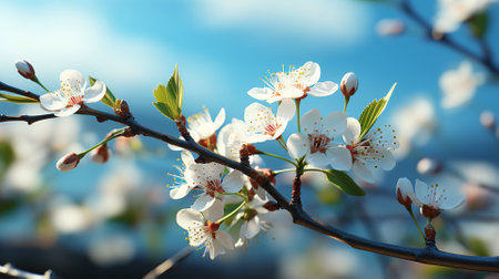 Beautiful blossoming branch on blue sky background, close-upの素材