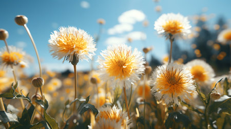 Dandelion flower field on blue sky background. Summer landscape.の素材