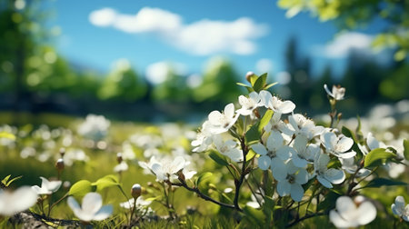 Blossoming branch of cherry against the background of the spring landscapeの素材