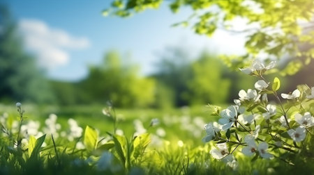 Spring background with blooming trees and green grass in sunny day.の素材