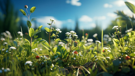 Green meadow with wildflowers. Nature background. Selective focus.の素材