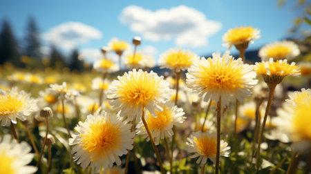 Field of flowers on the mountains and blue skyの素材