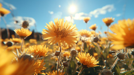 Yellow flowers on a meadow in the rays of the setting sunの素材