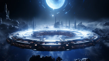 Futuristic spaceship in space. Science fiction scene. generative aiの素材