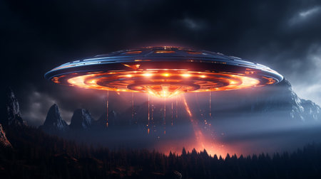 UFO in the sky. 3D rendering. Computer digital drawing.の素材