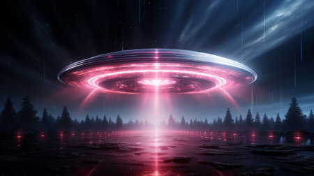 Futuristic alien spaceship in dark space with neon light. 3D renderingの素材