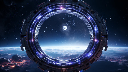 3D rendering of futuristic space background with planets and stars in blue skyの素材