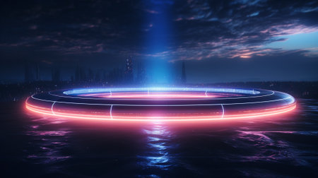 Neon circle on dark background. Futuristic technology style. Elegant glowing circle.の素材