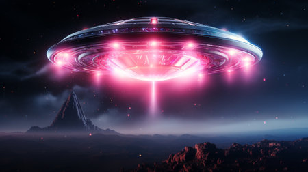 UFO flying in the night sky. Alien spaceship. 3d renderingの素材