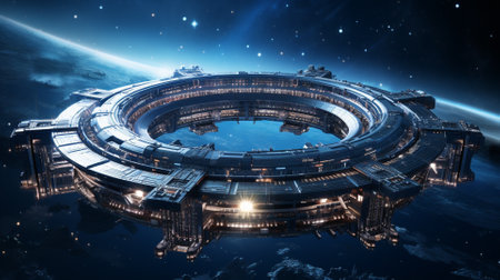 Astronautics space station in outer space. 3D renderingの素材