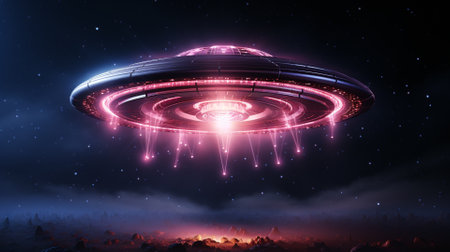 Futuristic UFO in the night sky. 3d rendering.の素材