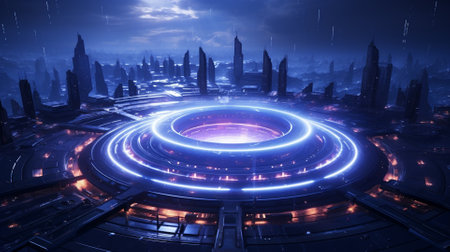 Futuristic city at night with neon lights, 3d renderingの素材