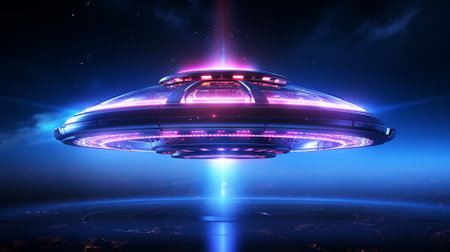 UFO flying in the night sky. Futuristic space ship. 3D renderingの素材