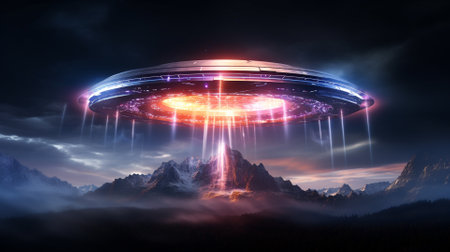 Futuristic UFO flying saucer. Alien space ship. 3D renderingの素材