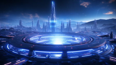 Futuristic city at night with neon lights. 3d rendering ai generatedの素材