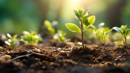 Green seedling illustrating concept of new life and beginning to grow upの素材