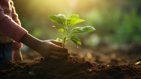 Close up of kid hands holding green seedling growing on fertile soil with sunlightの素材