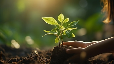 Hands holding green seedling plant growing in fertile soil on blurred nature backgroundの素材