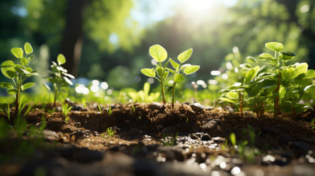 Small green sprouts growing from soil on blurred natural background, selective focusの素材