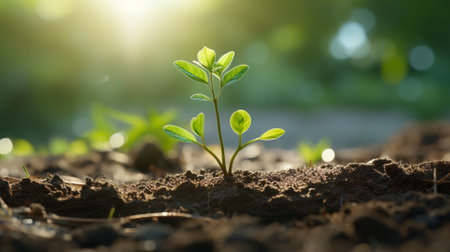 Green seedling growing from seed in the morning light with bokeh backgroundの素材