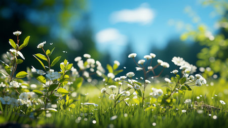 Beautiful spring landscape with green grass and white flowers. Nature backgroundの素材