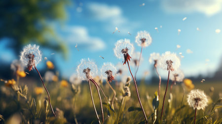 Dandelion flowers in the meadow at sunset. 3D renderingの素材