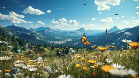 Butterfly in the meadow with flowers and mountains in the backgroundの素材