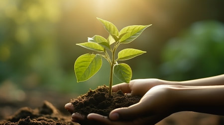 Human hands holding a young green plant growing in soil with sunlight backgroundの素材
