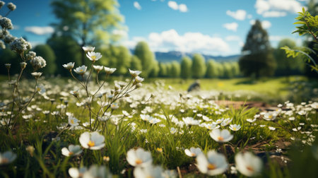 Spring meadow with white flowers in the background of the forest.の素材