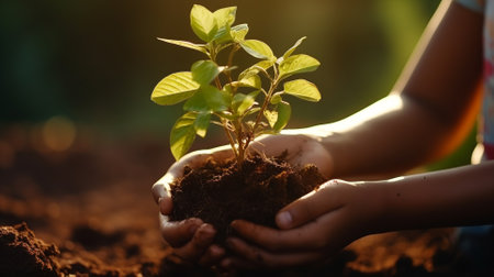 Child hands holding young plant in soil on nature background. Ecology conceptの素材
