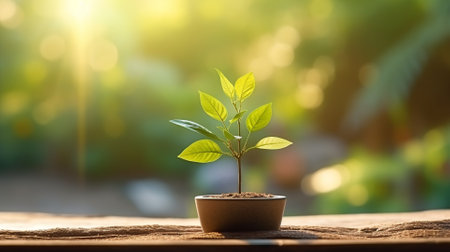 Plant in pot on wooden table with sunlight and bokeh backgroundの素材