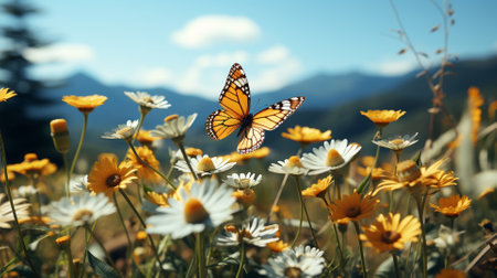 Butterfly on daisy flowers in the mountains. Beautiful summer landscape.の素材