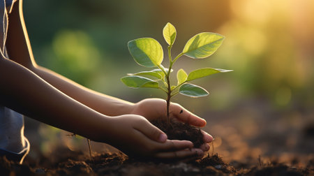 Little kid hands holding green plant in soil with sunlight background. Ecology conceptの素材