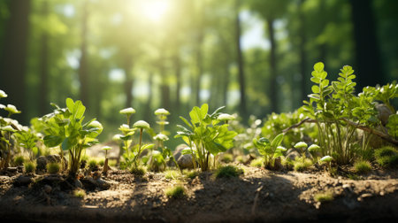 Green seedlings in the spring forest. Young shoots of plants.の素材