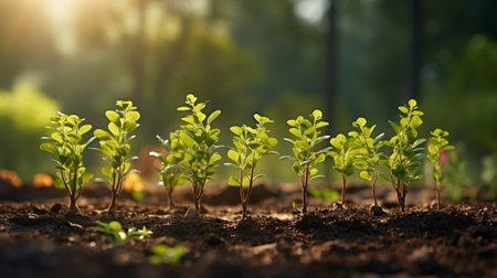 Green seedling growing on fertile soil in the morning. Concept of agriculture.の素材