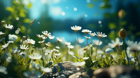 Beautiful daisy flowers in the meadow. Spring background.の素材