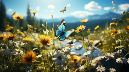Butterfly on the meadow with daisies and flowersの素材