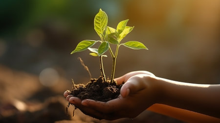 Hands holding young plants in soil on nature background, ecology conceptの素材