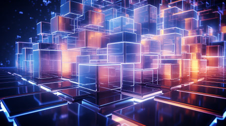 3d rendering of abstract technology background with glowing cubes. 3d illustrationの素材