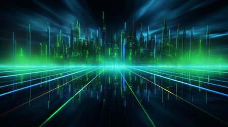 Futuristic city with glowing lines and particles. 3d renderingの素材
