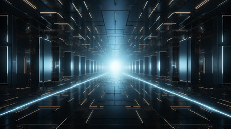 futuristic scifi tunnel corridor with glowing lights 3d rendering wallpaper backgroundの素材